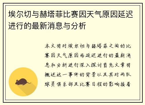 埃尔切与赫塔菲比赛因天气原因延迟进行的最新消息与分析